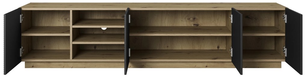 TV stolík Asha 200 cm s ryhovaným čelom - artisan / čierny mat