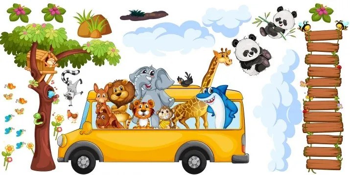 Nálepka na stenu pre deti veselé safari zvieratká v autobuse