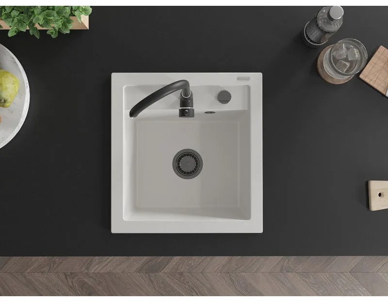 Mexen Vito, granitový drez 520x490x210 mm, 1-komorový, biela s čiernym sifónom, 6503521000-20-B