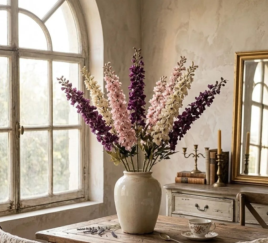 Dekorácia umelá kvetina ostrôžka Delphinium s bielym kvetom - 8*8*124 cm