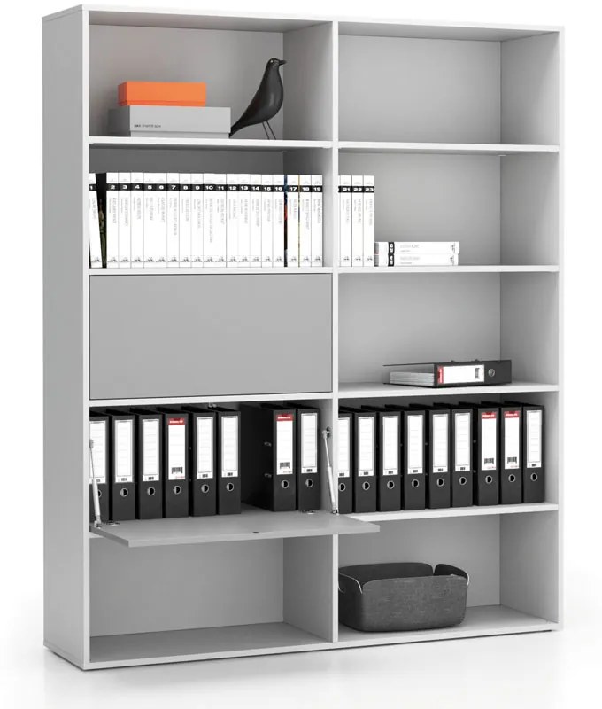 PLAN Široký kancelársky policový regál LAYERS, 2 boxy, 1582 x 400 x 1905, biela / sivá