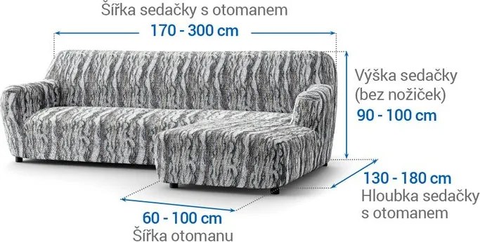 Bielastické poťahy OCEANO NOVÉ šedo-modré sedačka s otomanom vpravo (š. 170 - 300 cm)