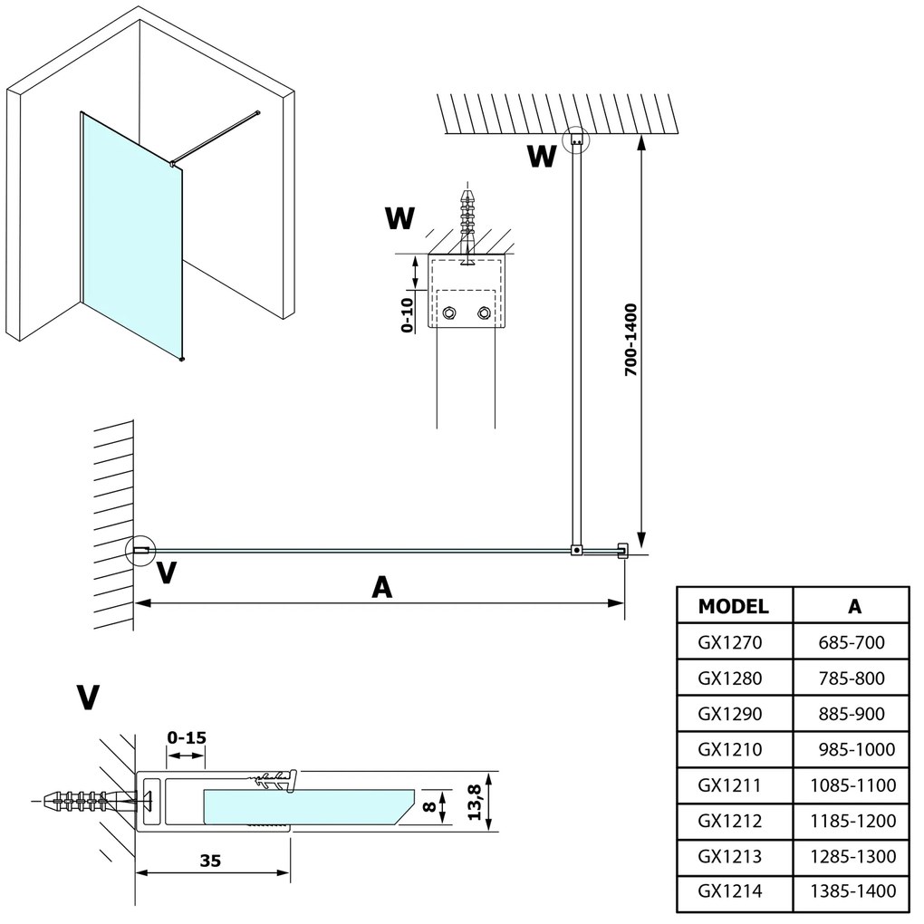 Gelco VARIO, 700x2000mm, 8mm číre sklo, GX1270
