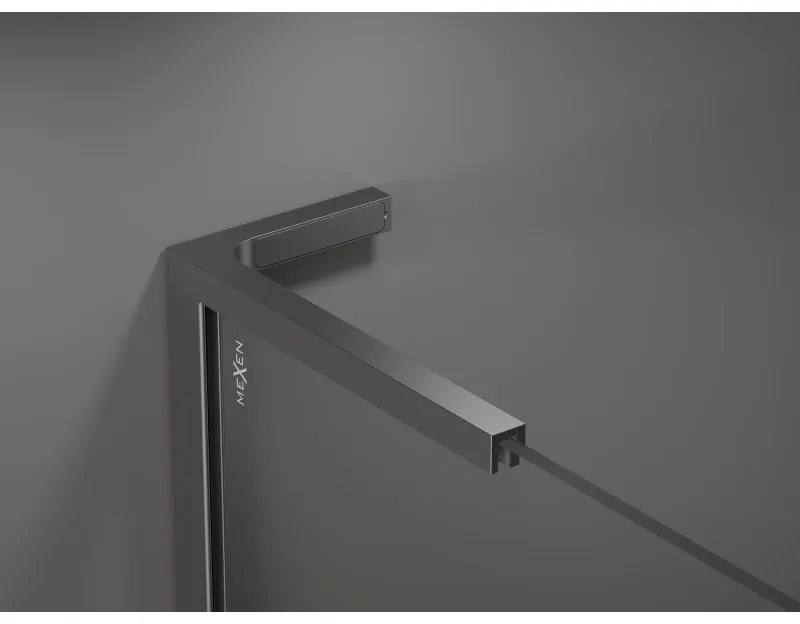 Mexen Kioto+ L, sprchová zástena Walk-In s poličkou a vešiakom 90 x 200 cm, 8mm číre sklo biely vzor, grafitový profil, 800-090-123-95-97