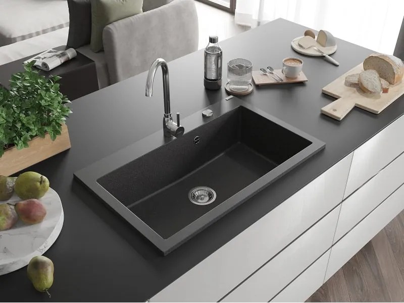 Mexen Elix granitový drez s 1 komorou 800 x 500 mm, čierny s bodkami, chrómový sifón - 6527801005-76