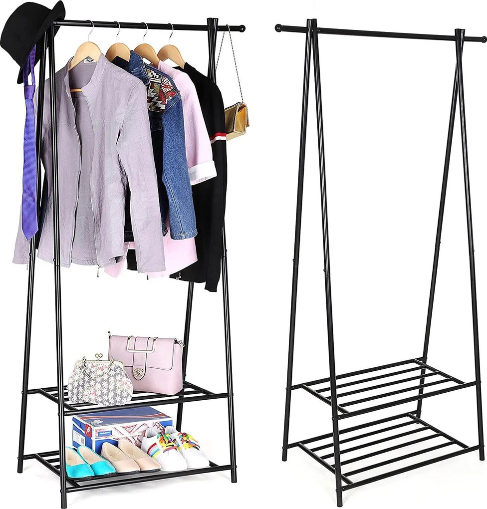 Kovový stojan na šaty s 2 policami na topánky, čierny