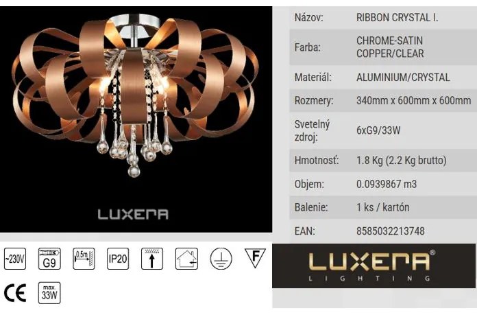 Krištáľ stropné svietidlo copper LUXERA 64410 RIBBON Ø60 40W