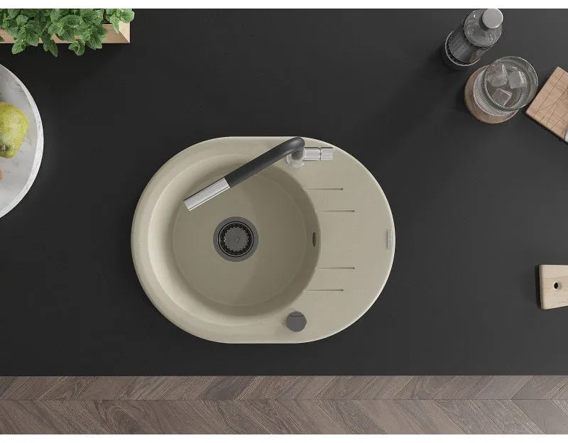 Mexen Kevin, 1-komorový granitový drez 586x458x190 mm a drezová batéria Flora, béžová, 6517-69-670401-07-B