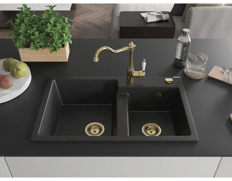 Mexen Tomas, granitový drez 800x500x190 mm, 2-komorový a drezová batéria Carla, čierna-strieborná metalíza, 6516-73-670700-50
