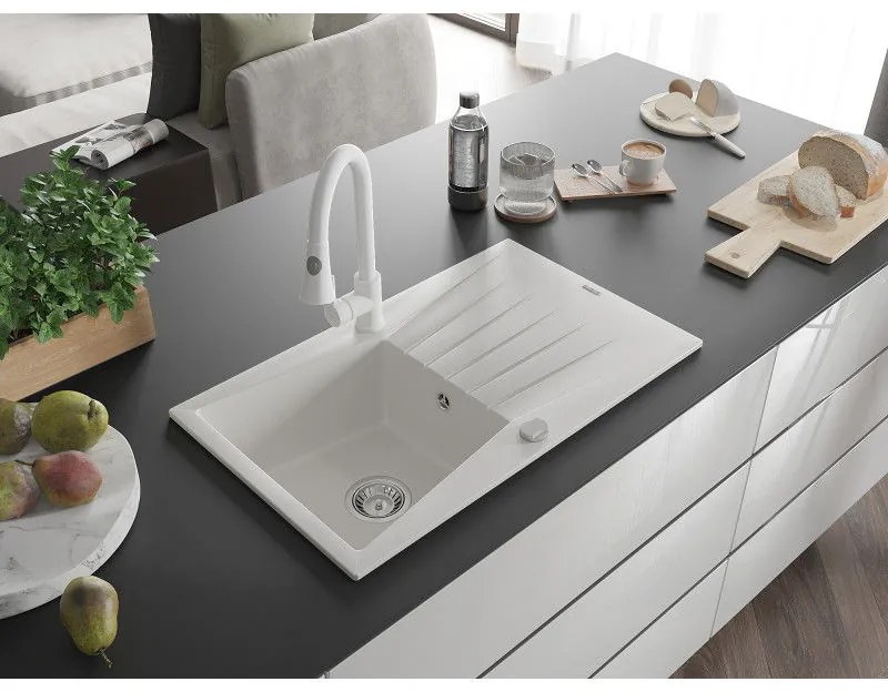Mexen Cesar, 1-komorový granitový drez 775x470x190 mm a drezová batéria Elia, biela, 6514-20-670101-20