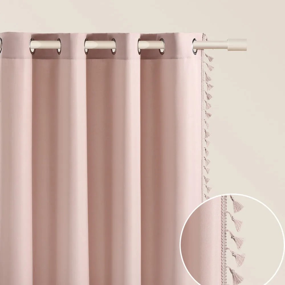 Púdrovo ružový záves Lara na strieborné kruhy so strapcami 140 x 250 cm