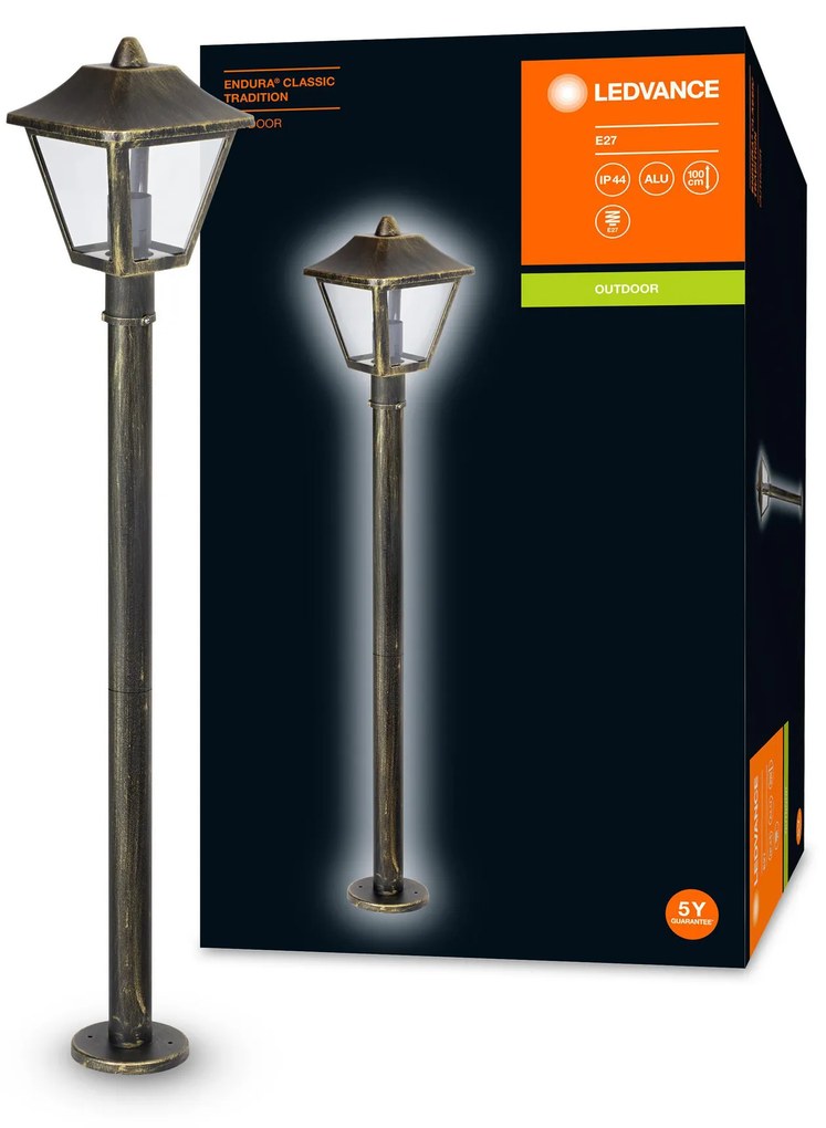 LEDVANCE Vonkajšia stojacia lampa ENDURA CLASSIC TRADITIONAL, 1xE27, 60W, 100cm, IP44, čiernozlatá