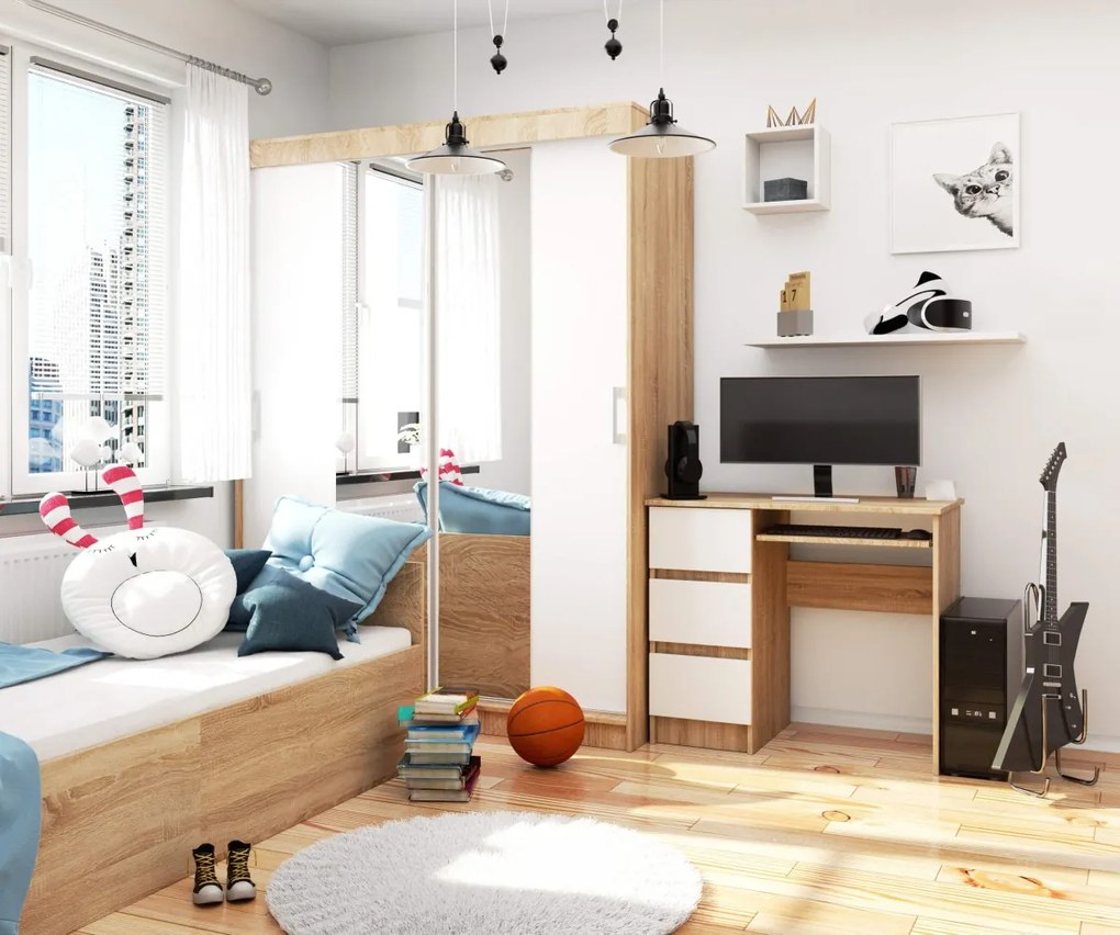 Písací stôl A-6 90 cm dub sonoma/biely ľavý