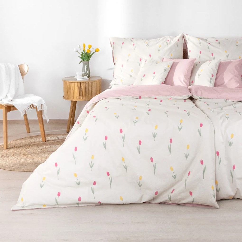 Goldea bavlnené posteľné obliečky duo - tulipány s púdrovo ružovou 150 x 200 a 50 x 60 cm