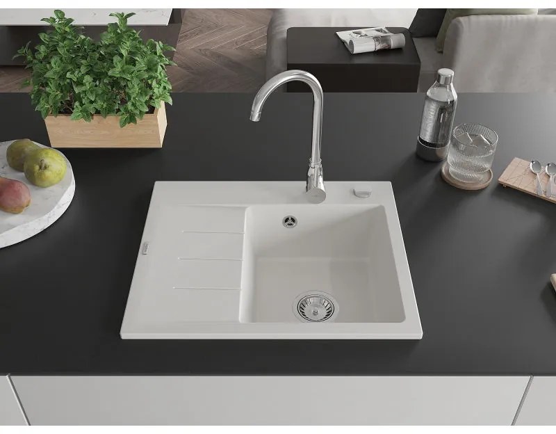 Mexen Ben, 1-komorový granitový drez 600x500x190 mm, pravý + chrómový sifón, biela, 6523605000-20