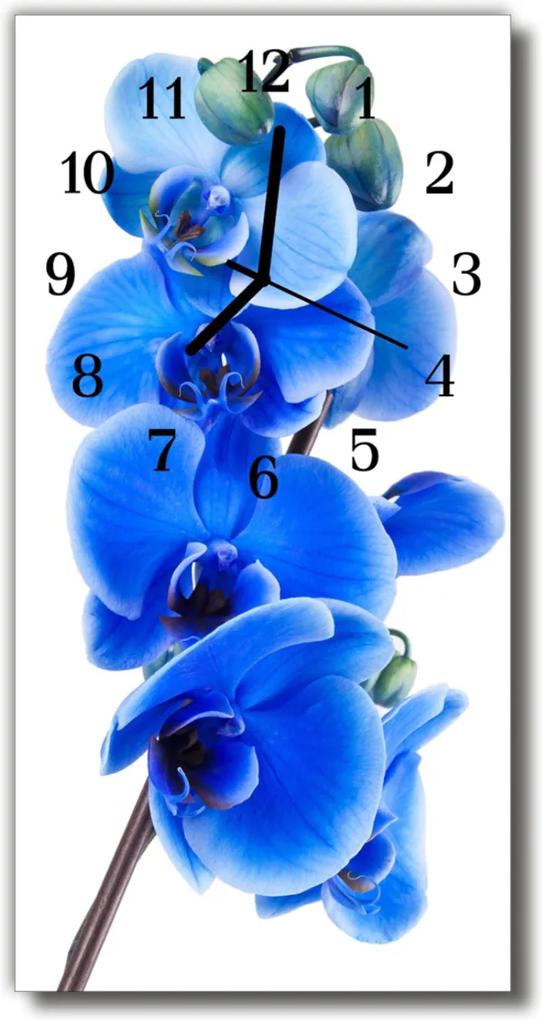 Sklenené hodiny vertikálne  Kvety orchideí modré