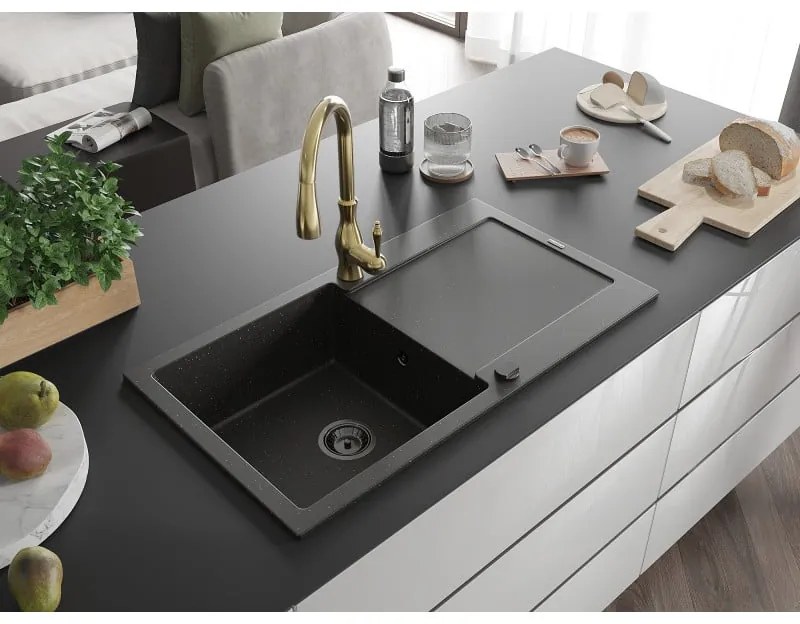 Mexen Leo, 1-komorový granitový drez 900x500x190 mm a drezová batéria Savita, čierna-zlatá metalíza, 6501-75-672601-50-B