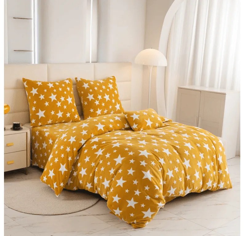 Sada mikroplyšových obliečok HVIEZDY žltooranžové + obliečka mikroplyš SOFT 180x200 cm biele, dvojlôžko