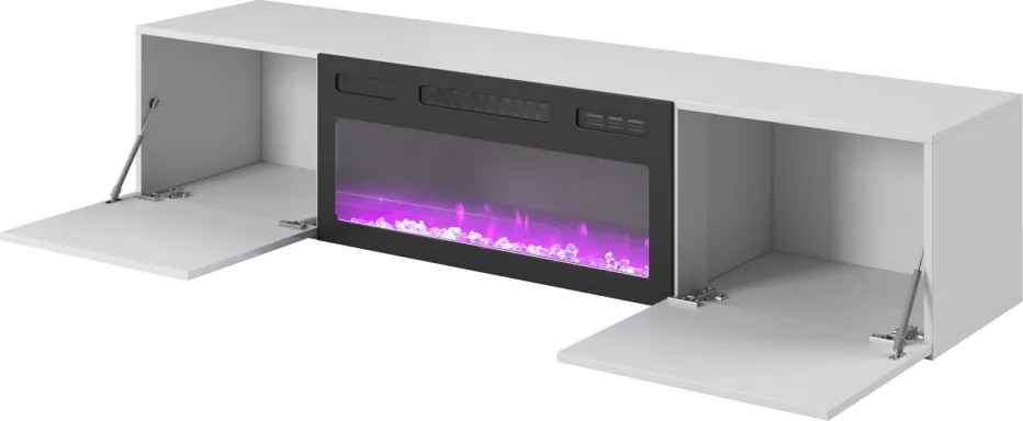 Závesný TV stolík LICO s krbom 180 cm biely