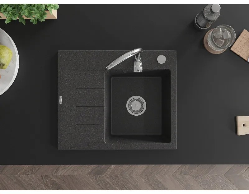 Mexen Ben, 1-komorový granitový drez 600x500x190 mm, pravý + chrómový sifón, čierna škvrnitá, 6523605000-76