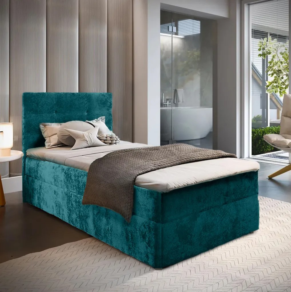 Čalúnená posteľ boxspring GLORIEN VELVET 100x200 cm tyrkysová Matrac: Bonell pružinová matrac