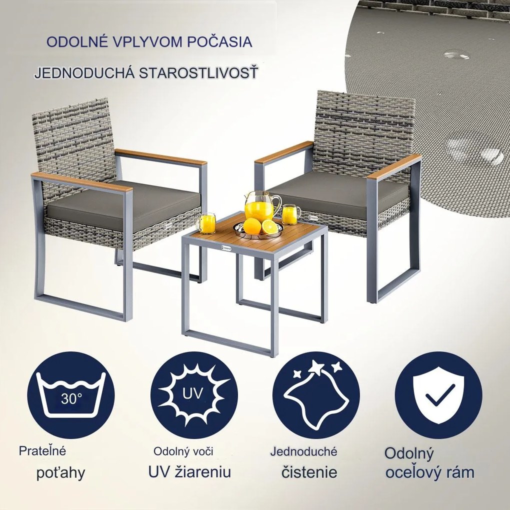 InternetovaZahrada Ratanový balkónový set 1+2 - šedá/drevo