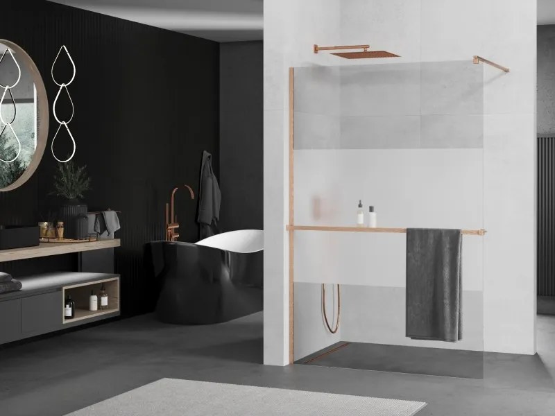 Mexen Kioto+, sprchová zástena Walk-In s poličkou a vešiakom 70 x 200 cm, 8mm číre sklo-námraza, medený matný profil, 800-070-121-65-35