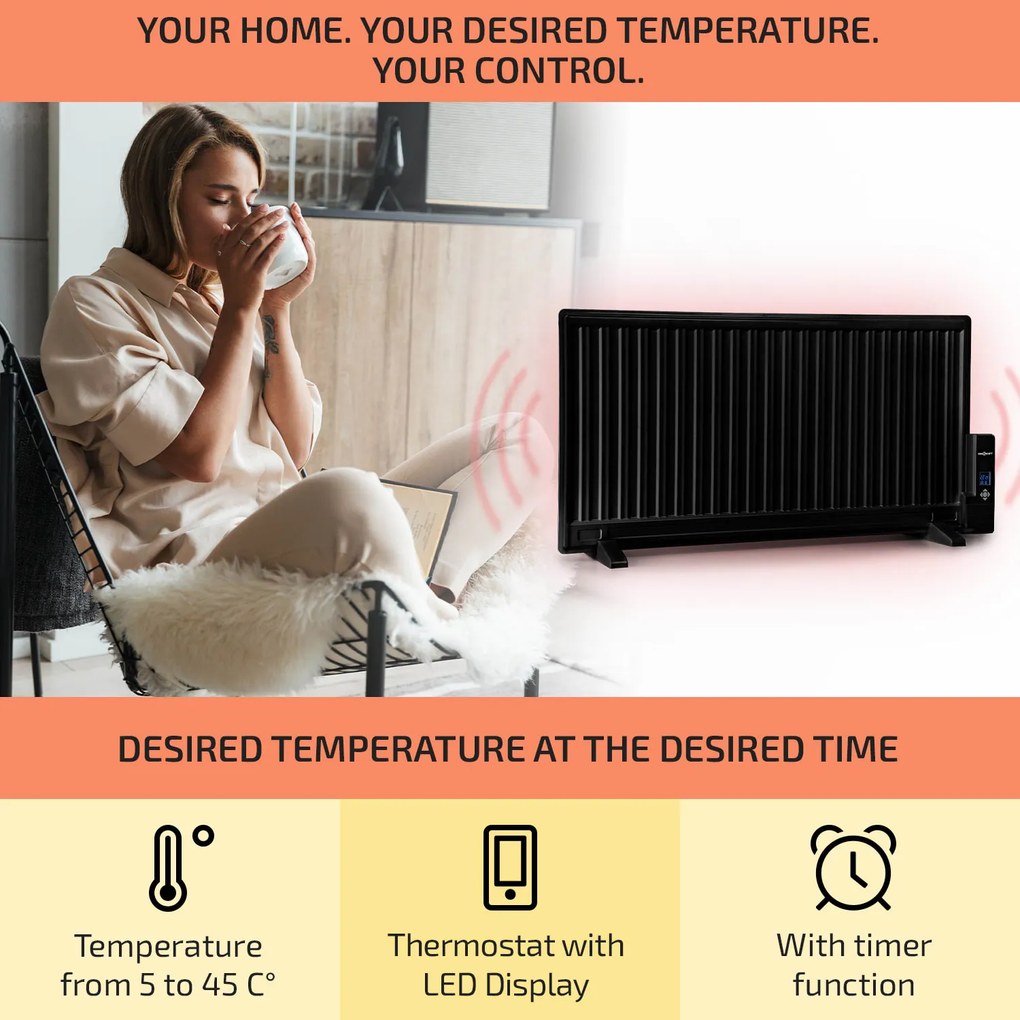 OneConcept Wallander, olejový radiátor, 1000 W, termostat, olejové vyhrievanie, plochý dizajn, čierny