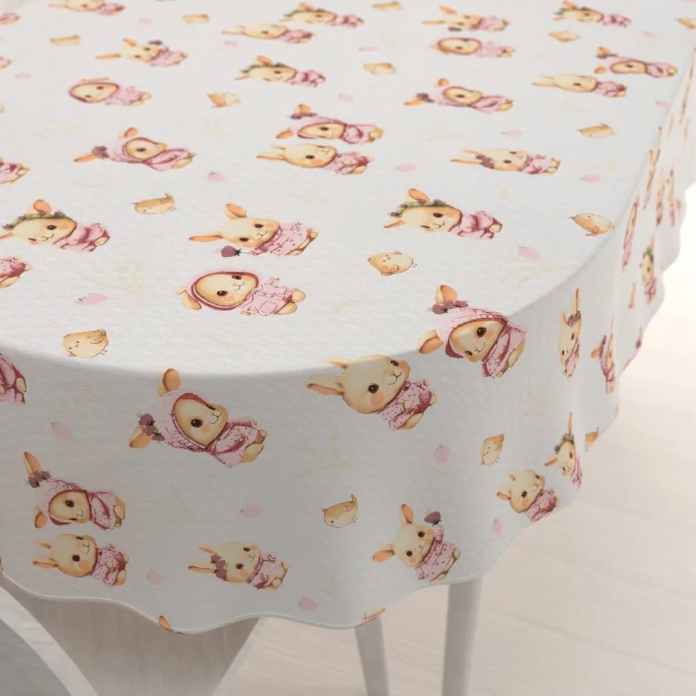 Biante Detský bavlnený oválny obrus Sandra SA-538 Ružové zajačiky a vtáčiky na bielom 50x100 cm