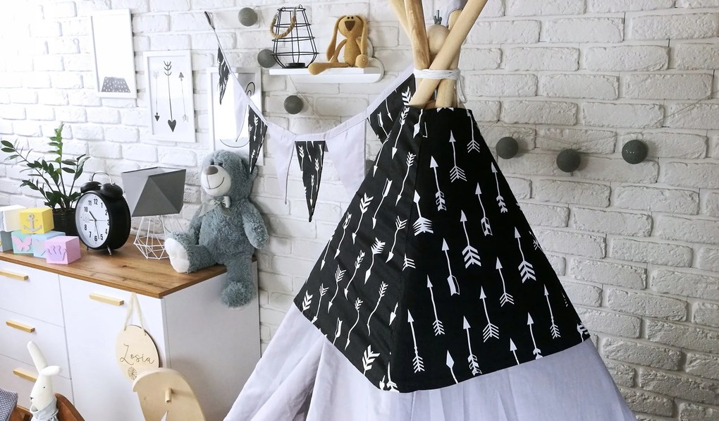 Detský stan TEEPEE (TÍPÍ) ŠÍPY s doplnkami - sivý / čierny
