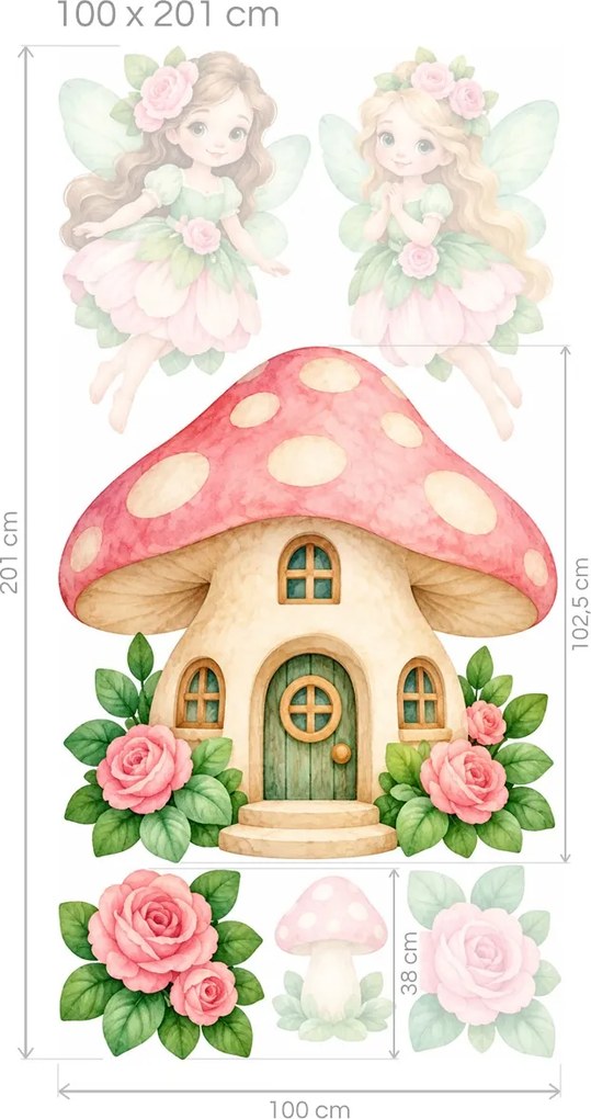 Víly pri hubovom domčeku ružovozelené akvarelové nálepky na stenu pre dievčatká arch 23 x 46 cm