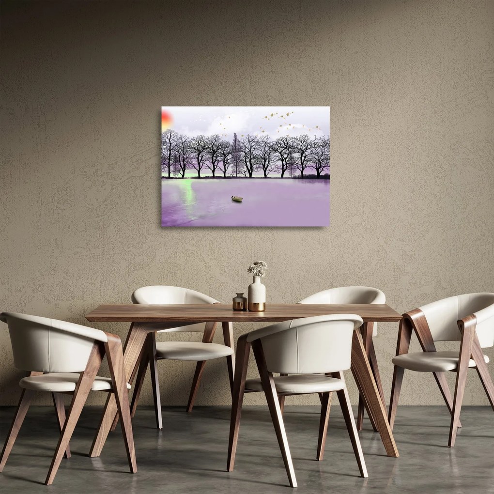 Sklenený obraz - Pramice na jazere (70x50 cm)