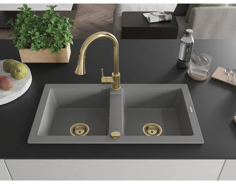 Mexen Mario, 2-komorový granitový drez 820x436x161 mm a drezová batéria Elia, šedá, 6504-71-670101-50