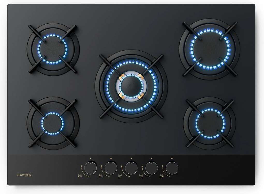 Klarstein Goldflame Nano plynová varná doska, 5 mosadzných horákov, Nano povlak, LPG/zemný plyn