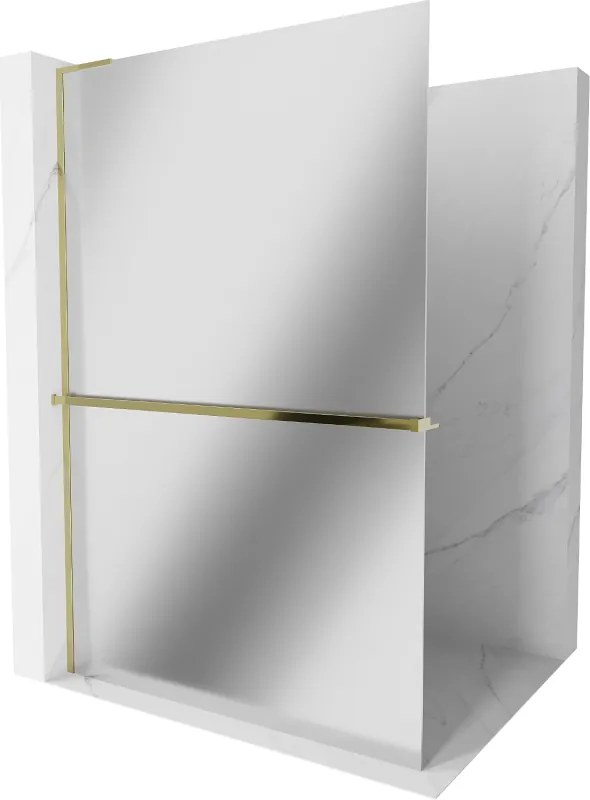 Mexen Kioto+ L, sprchová zástena Walk-In s poličkou a vešiakom 90 x 200 cm, 8mm sklo vzor zrkadlo, zlatý lesklý profil,800-090-123-50-50
