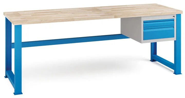 Dielenský stôl KOVONA, 2 zásuvky na náradie, buková škárovka, pevné nohy, 2100 mm