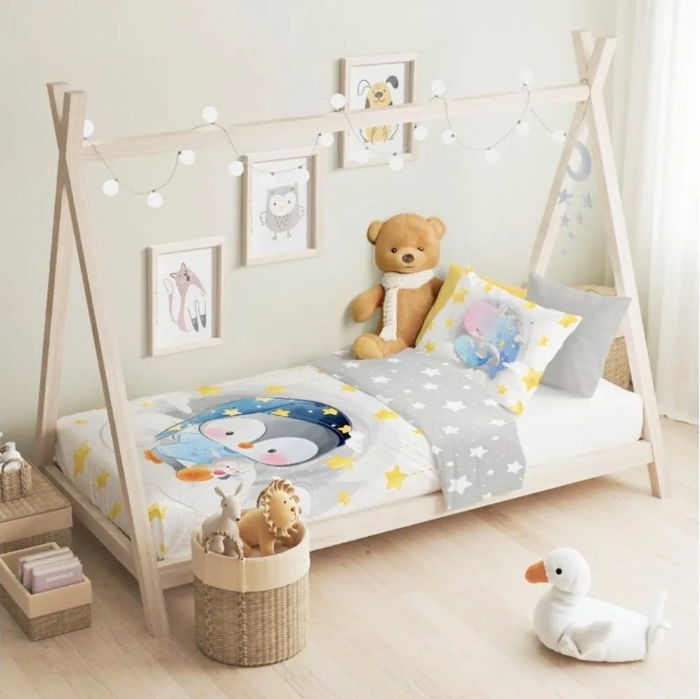 Posteľné obliečky do detskej postieľky s Tučniakom a Veľrybami - 100% bavlna - zipsové zapínanie - 100 × 135 cm + 40 × 60 cm