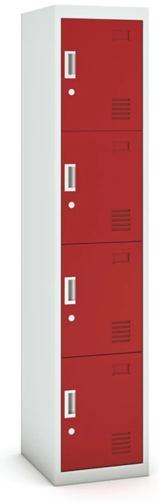 Šatníková skrinka s úložnými boxami, 4 boxy, 1800 x 380 x 450 mm, demont, cylindrický zámok, sivá/červená