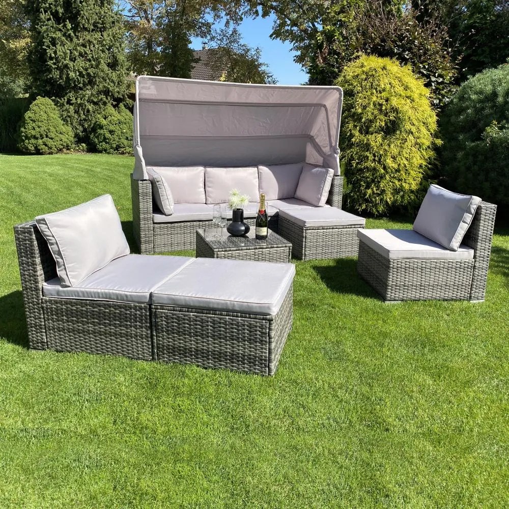 Ratanový sofa set so skladacou strieškou BELVEDERE - Sivá / Sivá