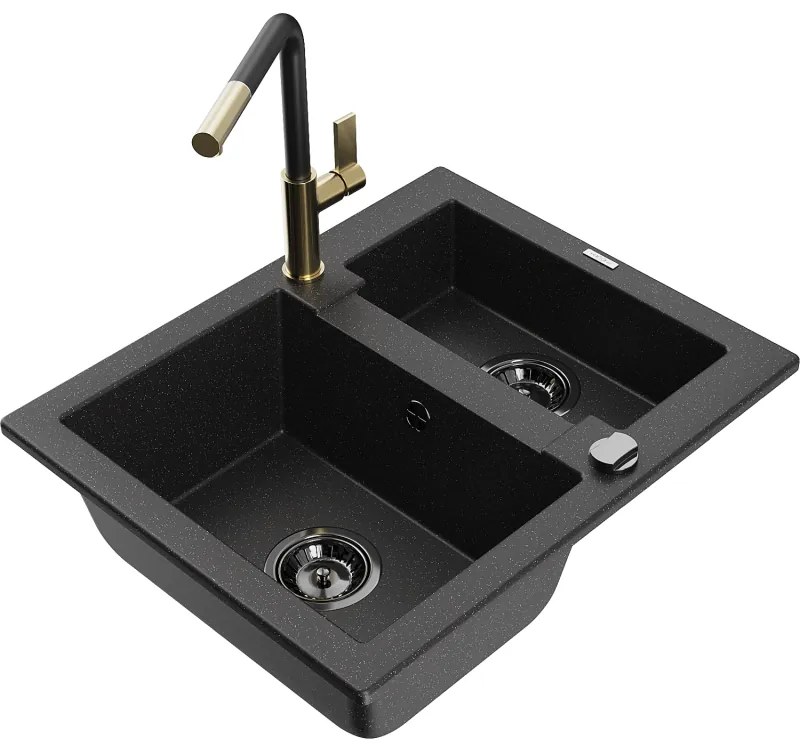 Mexen Carlos, 1,5-komorový granitový drez 582x475x177 mm a drezová batéria Flora, čierna-strieborná metalíza, 6518-73-670401-57-B