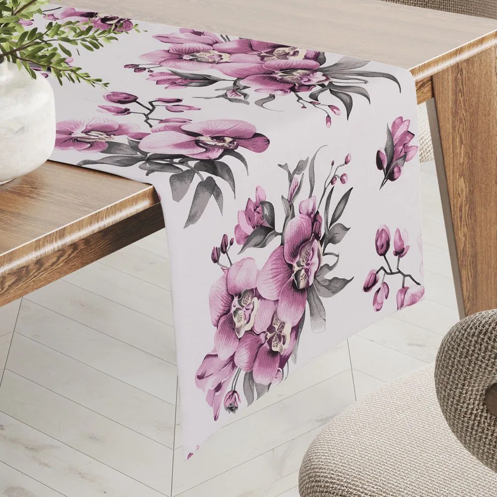 Biante Bavlnený behúň na stôl Sandra SA-623 Lila orchidey na bielom 45x180 cm