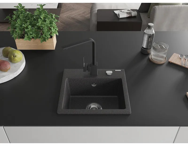 Mexen Milo, 1-komorový granitový drez 435x410x171 mm a čierna batéria Rita, čierna škvrnitá, 6505-76-670300-70