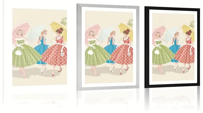 Plagát s paspartou retro dámy s dáždnikmi - 20x30 white