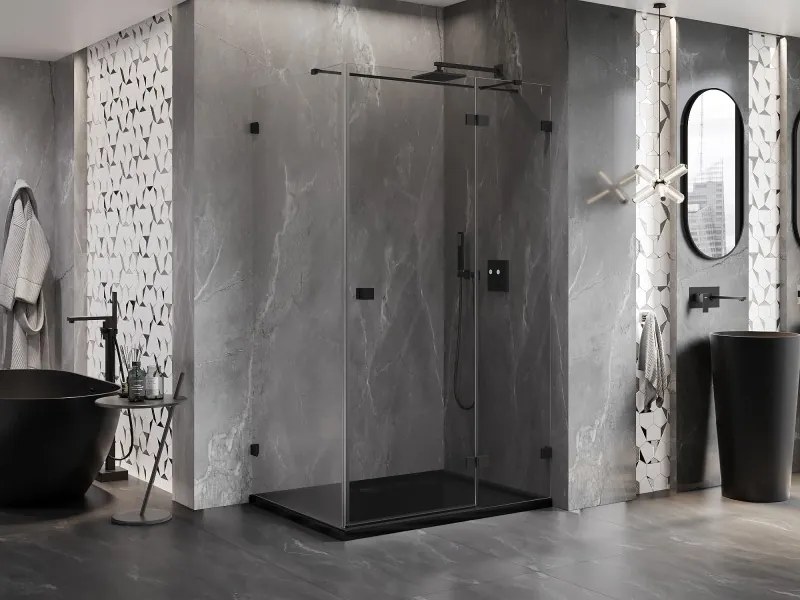 Mexen Lunar T výklopný sprchový kút pravý 130 x 110 cm, číre sklo, čierna matná, 834T-130-110-70-00-P