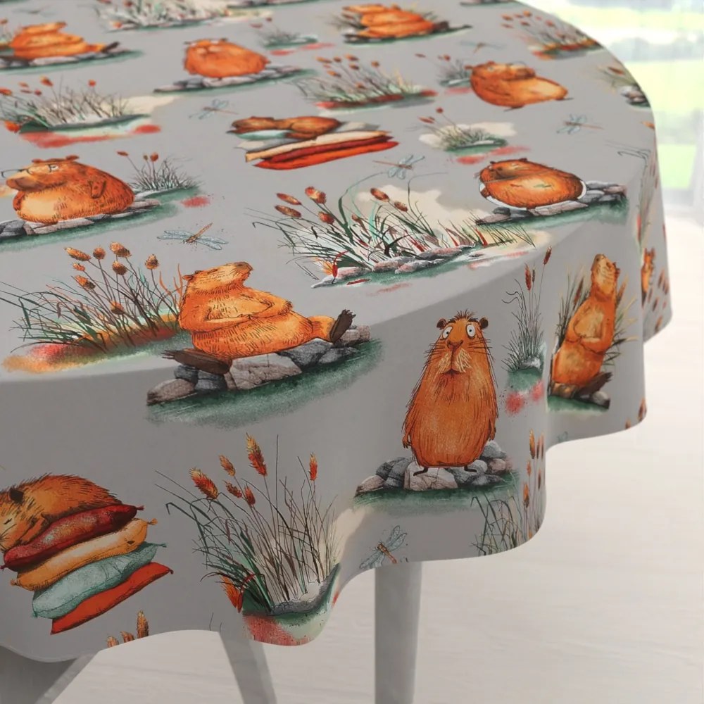 Biante Detský bavlnený okrúhly obrus Sandra SA-711 Kapybary na sivom Ø 110 cm