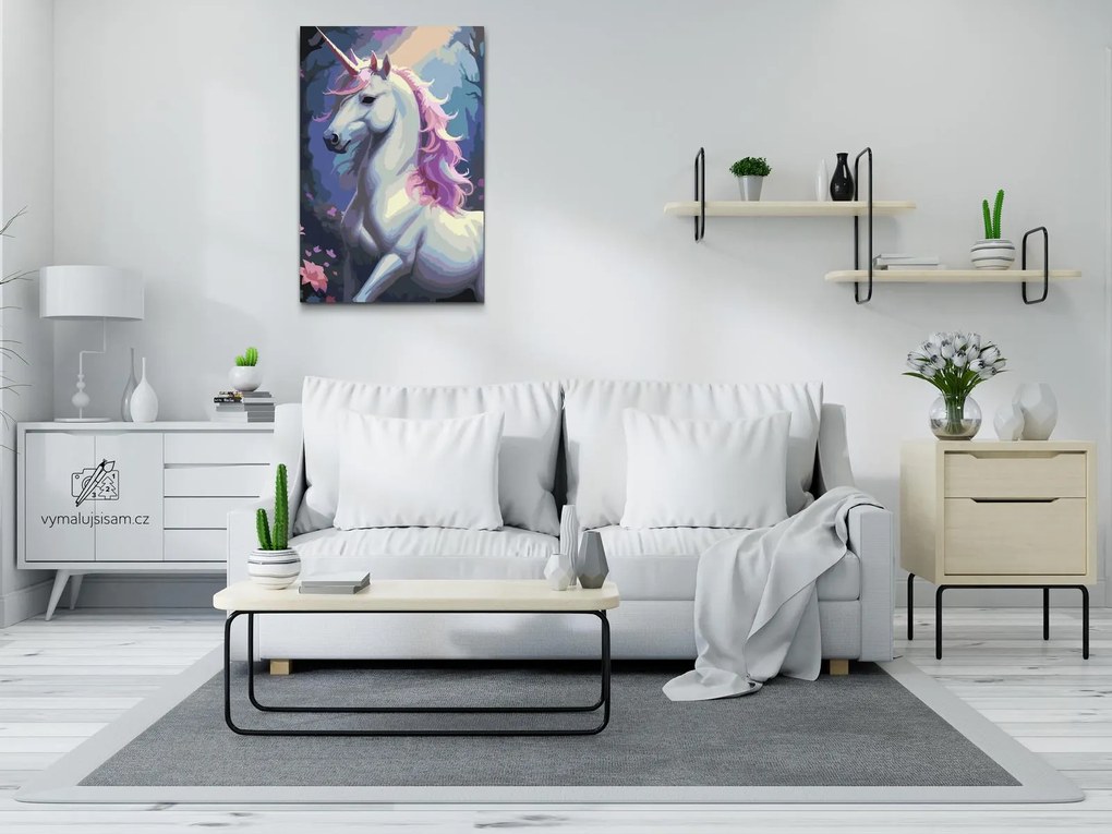 Gario Maľovanie podľa čísel Jednorožec z kúzelného lesa Rozmery: 40 x 60 cm, Rámovanie: S vnútorným rámom