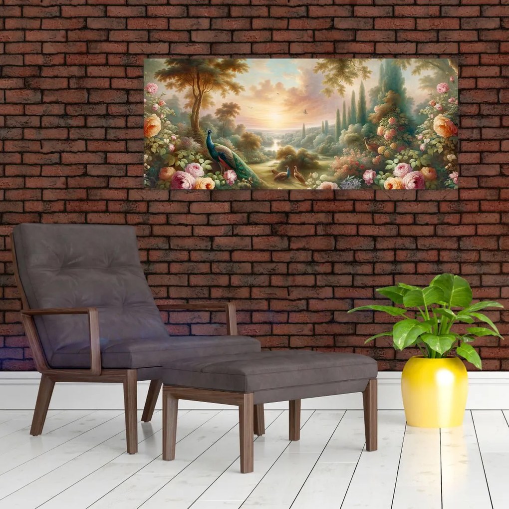 Obraz - Pávy v záhrade (120x50 cm)