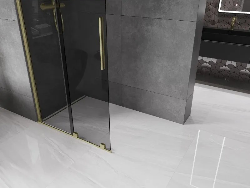 Mexen Velar, sprchová zástena s posuvnými dverami Walk-in 110 x 200 cm, 8mm šedé sklo, zlatá matná, 871-110-000-43-55