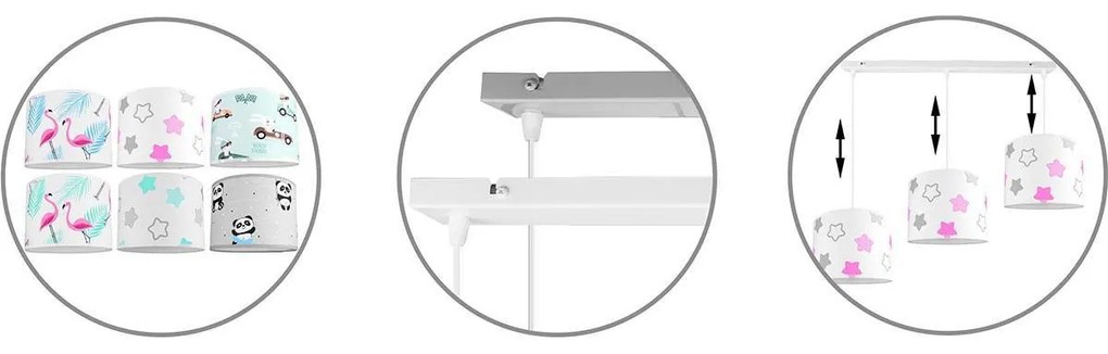 Detské závesné svietidlo Cone, 3x textilné tienidlo so vzorom (výber zo 6 farieb), (výber z 2 farieb konštrukcie)