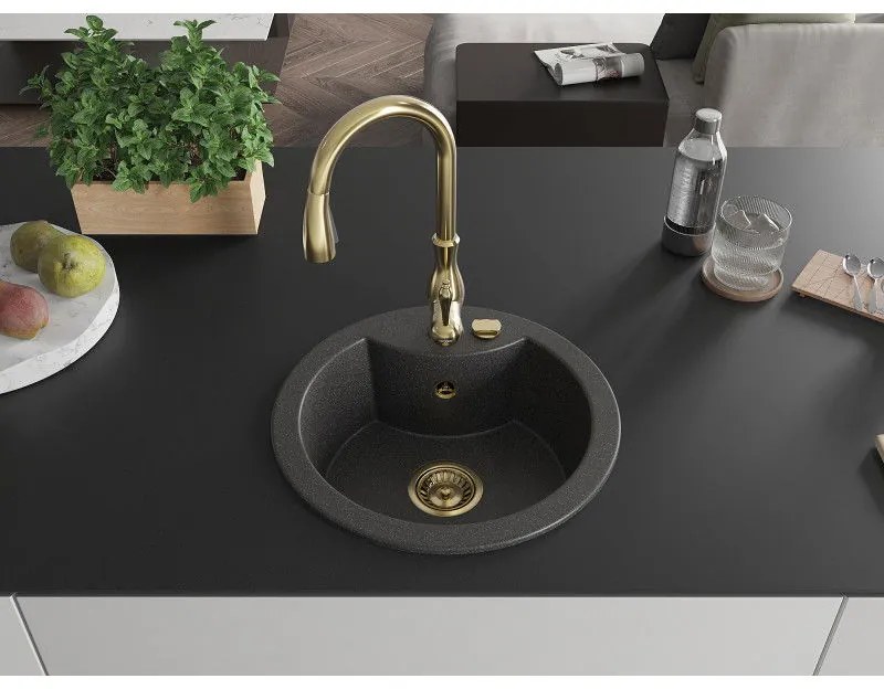 Mexen Diego, 1-komorový granitový drez 488x488x167 mm a drezová batéria Savita, čierna škvrtnitá, 6512-76-672601-50